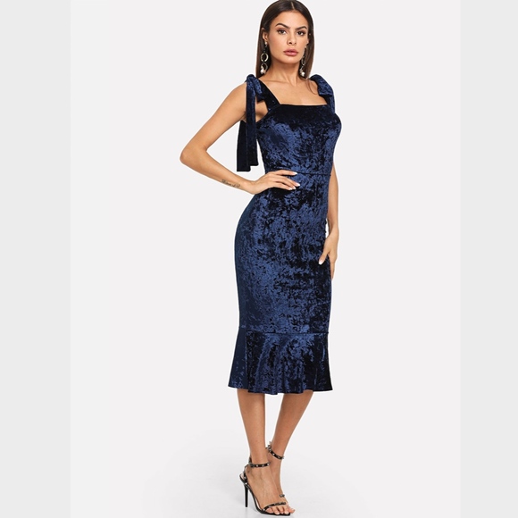 Navy Blue Velvet Mermaid Tie Straps Midi Dress - Picture 2 of 6